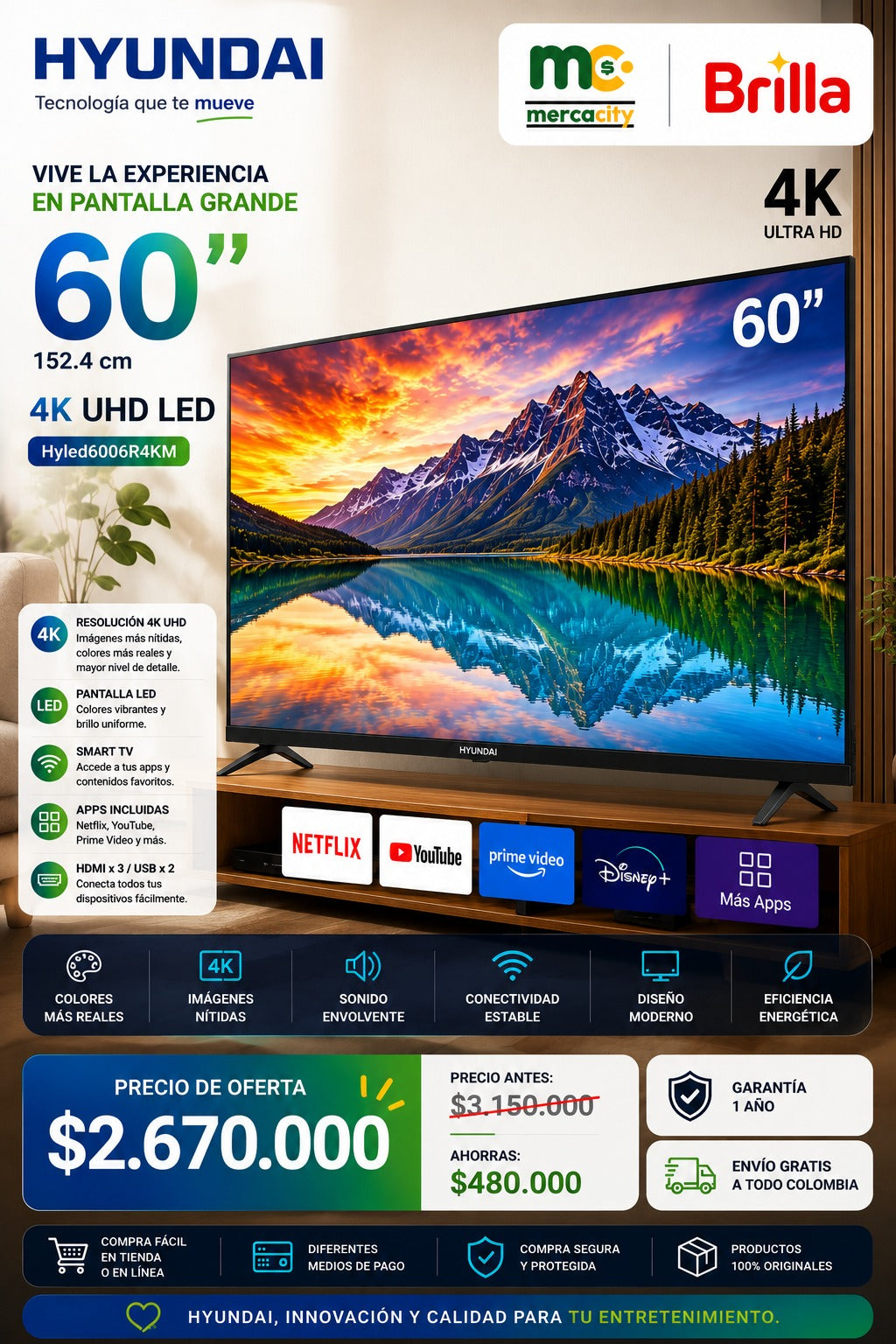 TELEVISOR HYUNDAI 60" PULGADAS 4K UHD LED