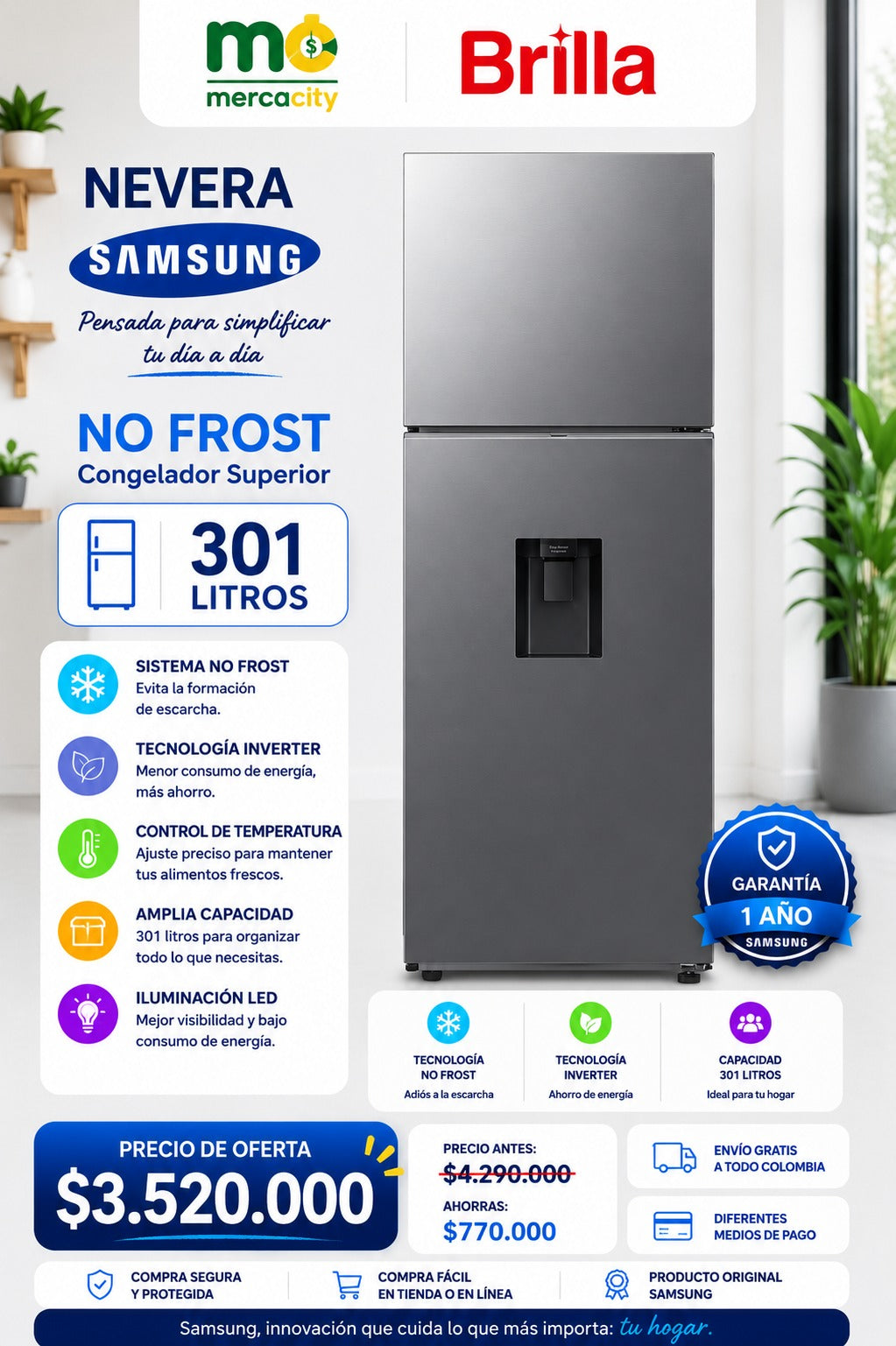 Nevera samsung NO FROST 301 LITROS
