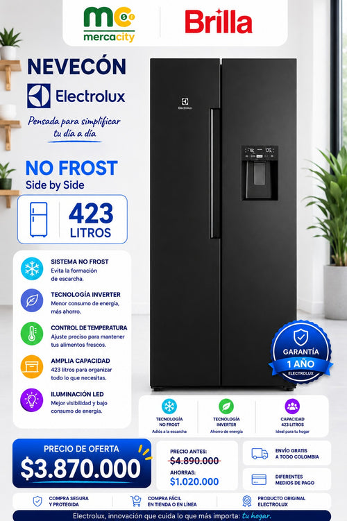 NEVECON ELECTROLUX NO FROST SIDE BY SIDE 423 LITROS