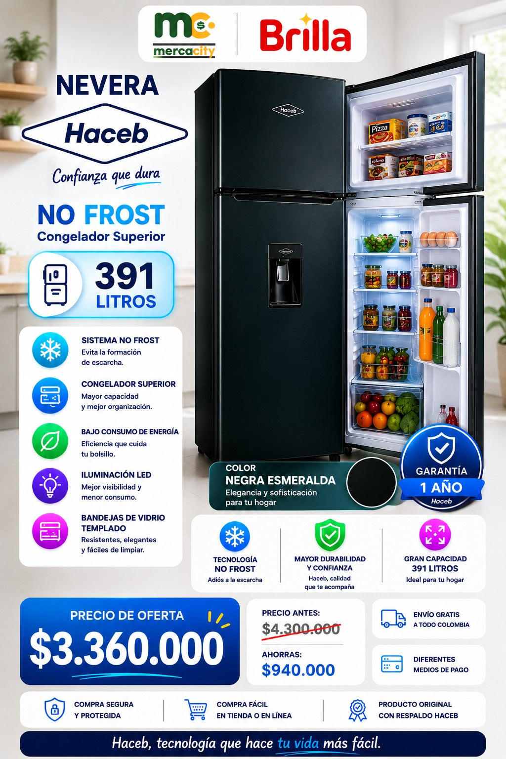 NEVERA HACEB NO FROST 391 LITROS