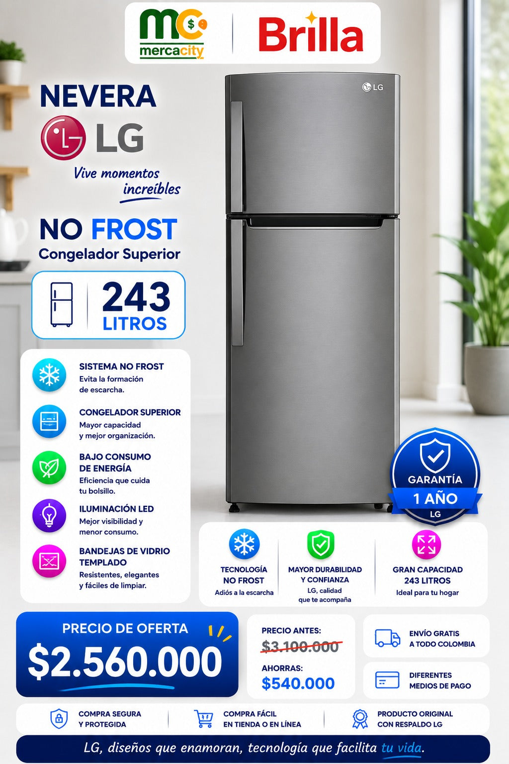 NEVERA LG NO FROST 243 LITROS