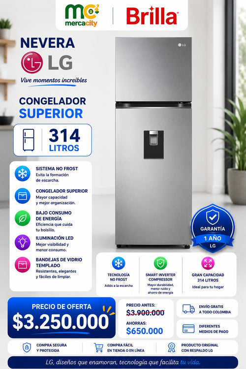 NEVERA LG CONGELADOR SUPERIOR 314 LITROS