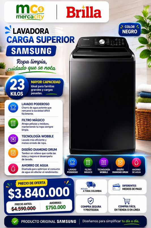 LAVADORA SAMSUNG CARGA SUPERIOR 23 KILOS COLOR NEGRO