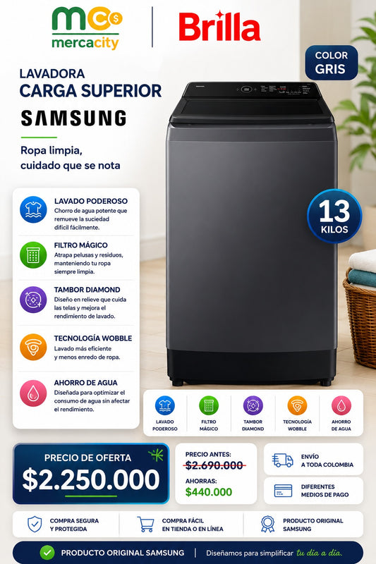 LAVADORA SAMSUNG CARGA SUPERIOR 13 KILOS COLOR GRIS
