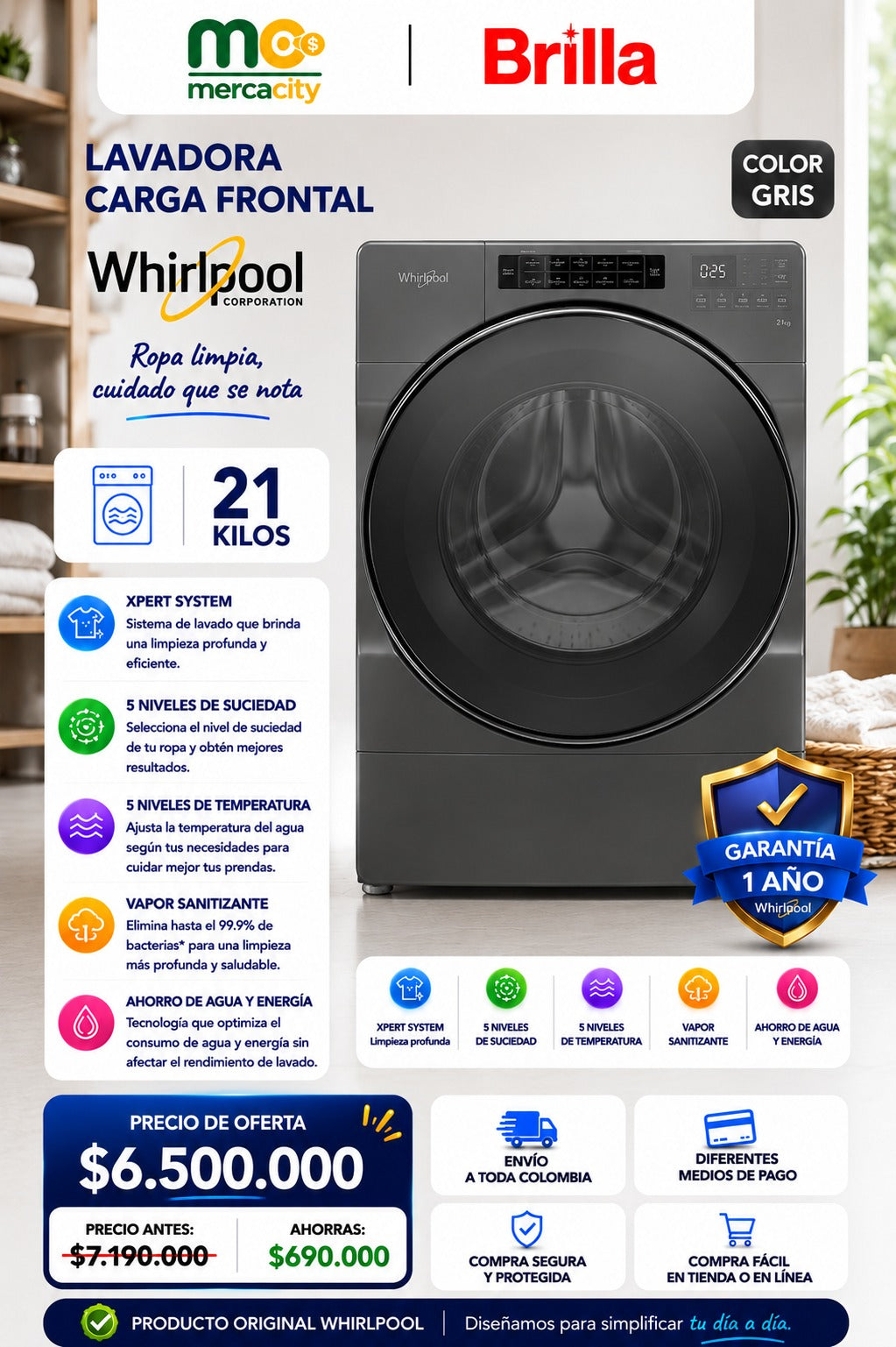 LAVADORA WHIRPOOL CARGA FRONTAL 21 KILOS COLOR GRIS