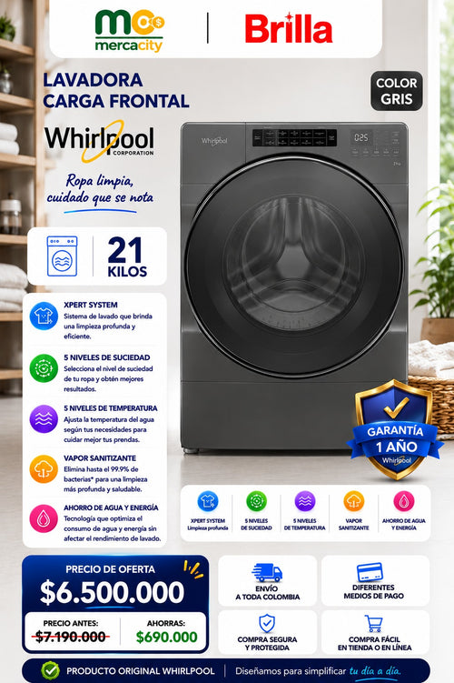LAVADORA WHIRPOOL CARGA FRONTAL 21 KILOS COLOR GRIS