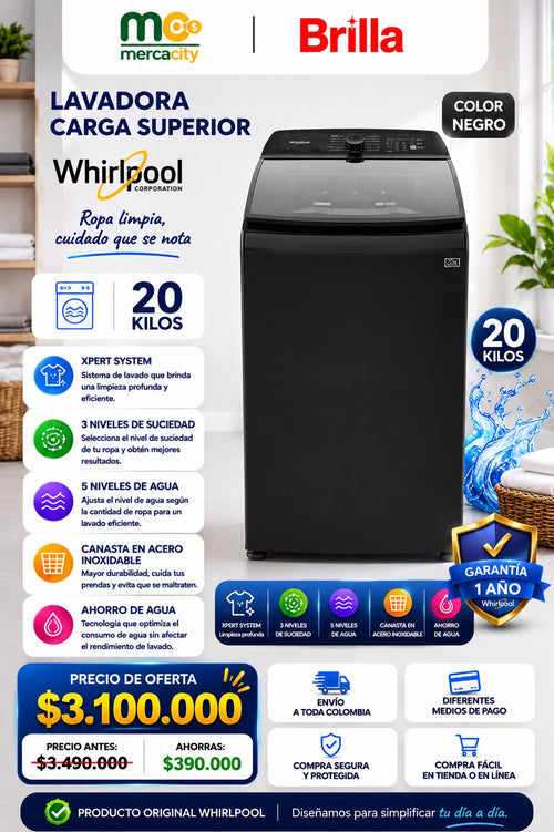 LAVADORA WHIRLPOOL CARGA SUPERIOR 20 KILOS COLOR NEGRO
