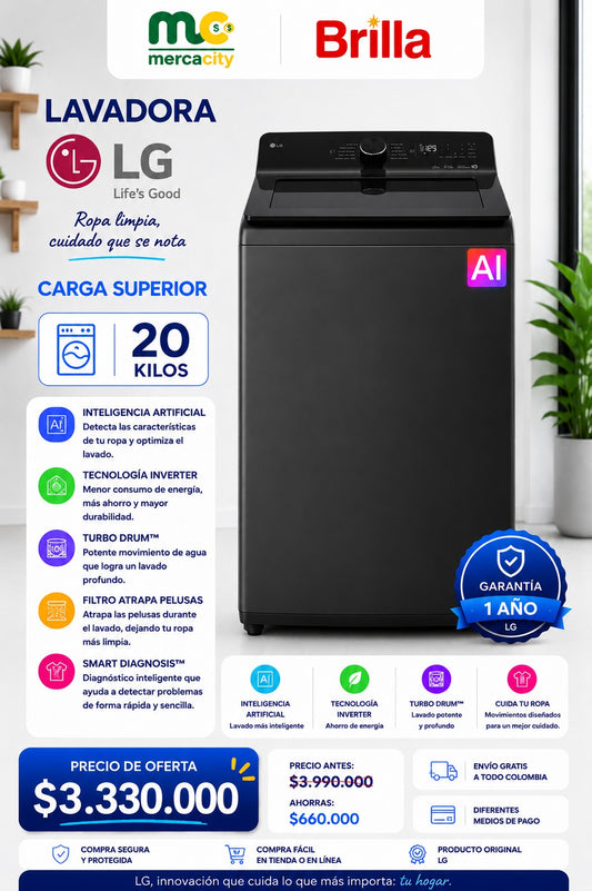LAVADORA LG CARGA SUPERIOR 20 KILOS CON IA