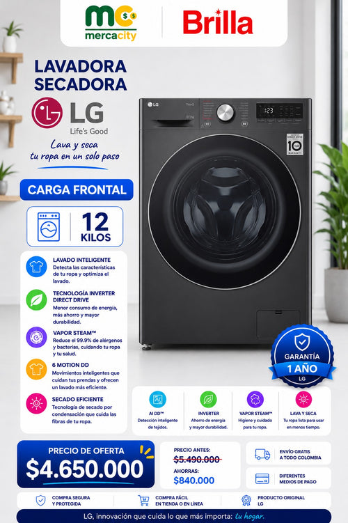 LAVADORA SECADORA LG CARGA FRONTAL 12 KILOS
