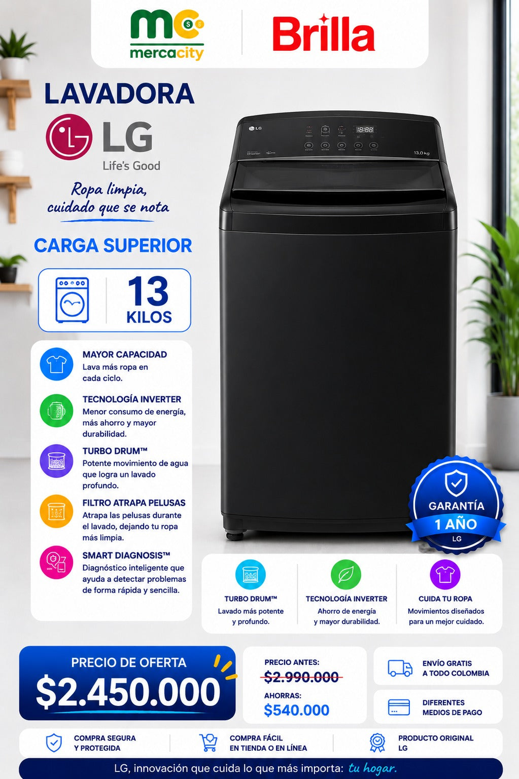 LAVADORA LG CARGA SUPERIOR 13 KILOS