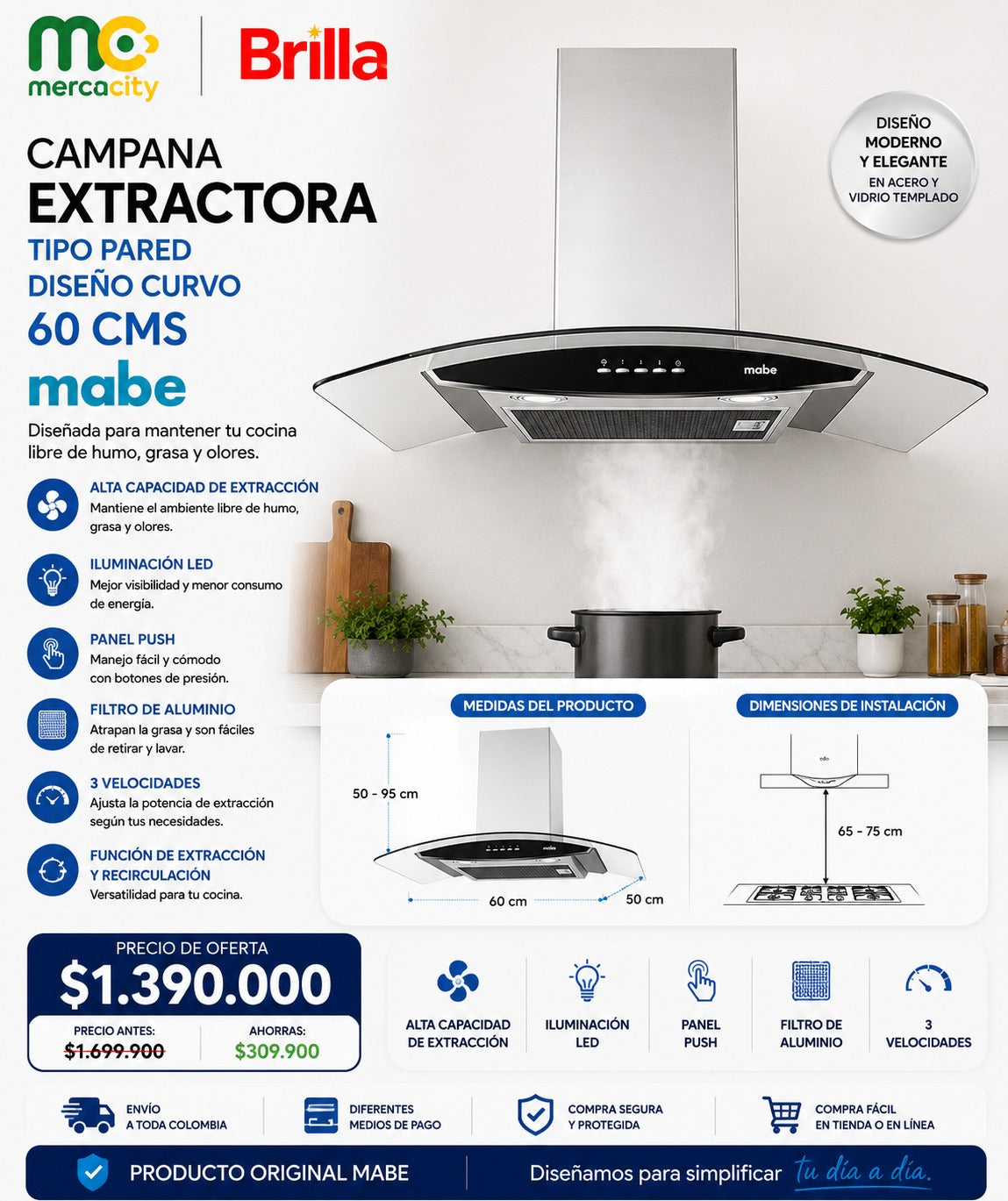 CAMPANA EXTRACTORA TIPO PARED DISEÑO CURVO 60CMS MABE