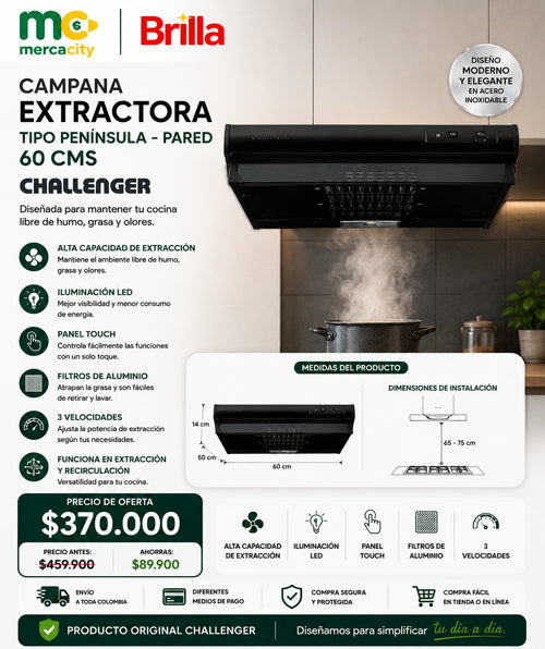 CAMPANA EXTRACTORA TIPO PENINSULA-PARED 60CM CHALLENGER