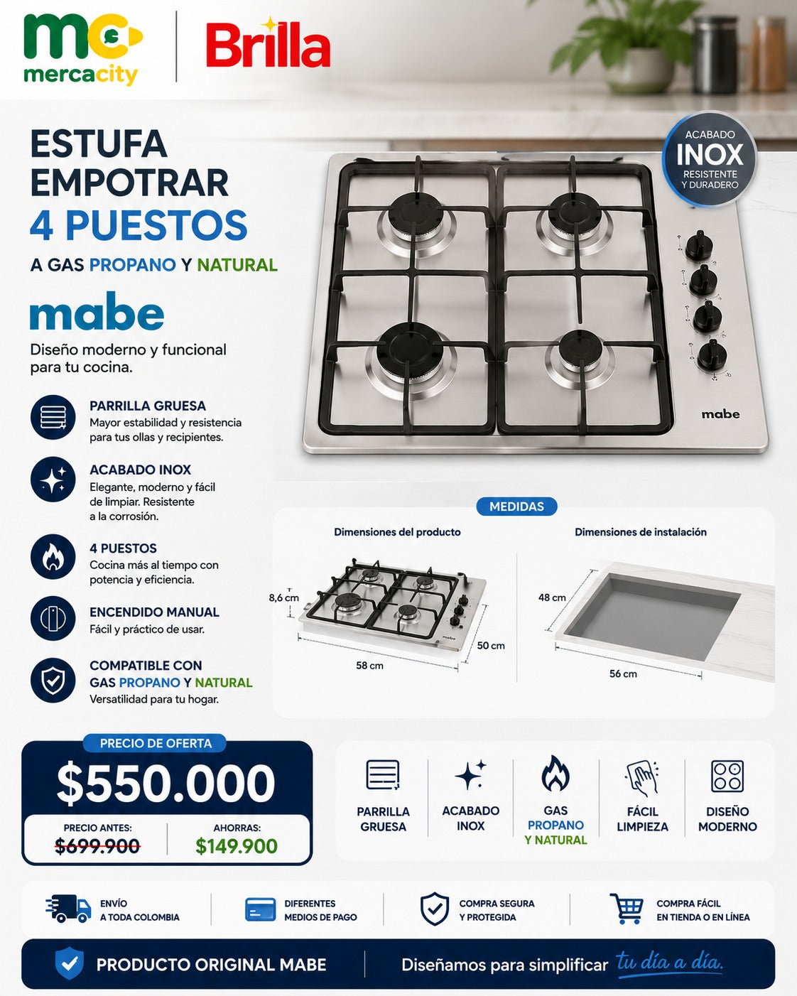 ESTUFA EMPOTRAR 4 PUESTOS A GAS PROPANO Y NATURAL MABE