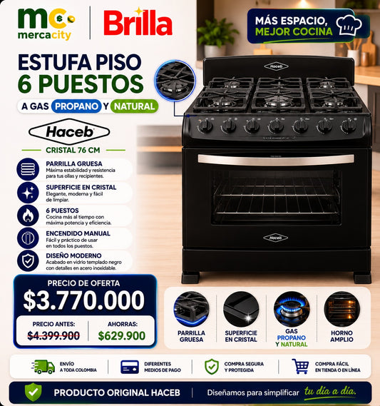 ESTUFA PISO 6 PUESTOS A GAS PROPANO Y NATURAL HACEB