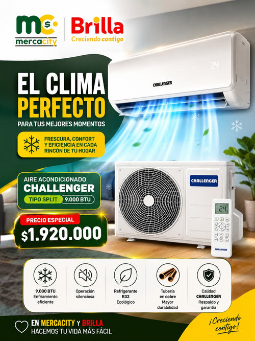 AIRE ACONDICIONADO CHALLENGER TIPO SPLIT 9.000 BTU