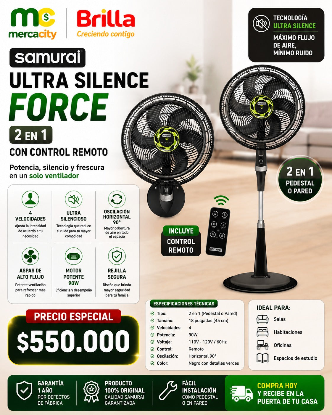 SAMURAI ULTRA SILENCE FORCE 2 EN 1 PEDESTAL O PARED CON CONTROL REMOTO