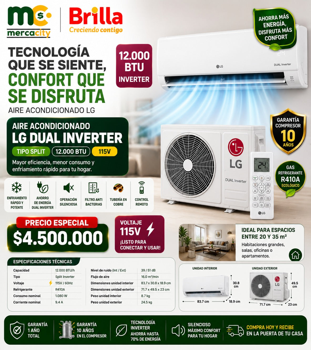 AIRE ACONDIONADO LG DUAL INVERTER TIPO SPLIT 12000 BTU