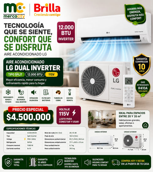 AIRE ACONDIONADO LG DUAL INVERTER TIPO SPLIT 12000 BTU