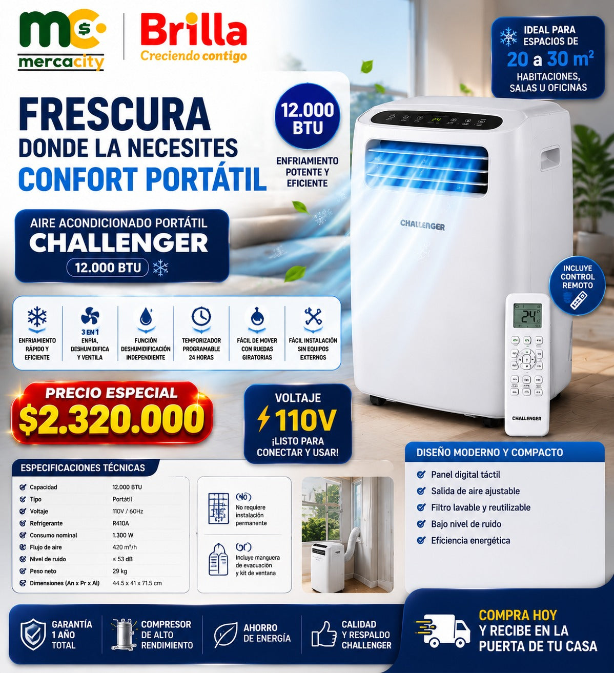 AIRE ACONDICIONADO PORTATIL CHALLENGER 12.000 BTU