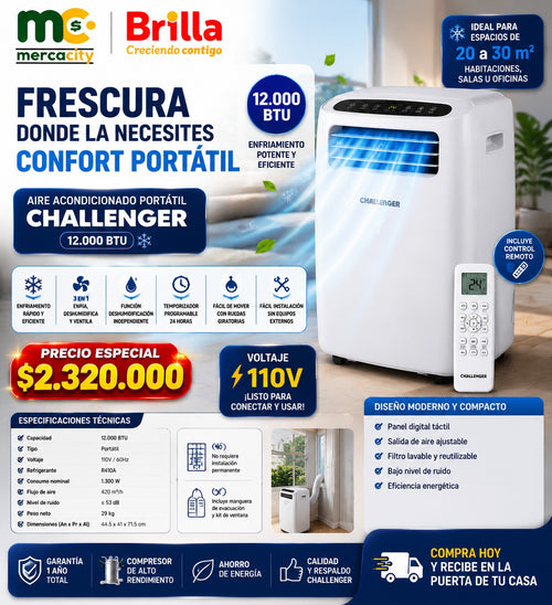 AIRE ACONDICIONADO PORTATIL CHALLENGER 12.000 BTU