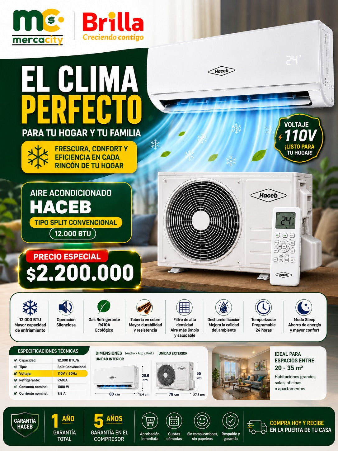 AIRE ACONDICIONADO HACEB TIPO SPLIT CONVENCIONAL 12000 BTU