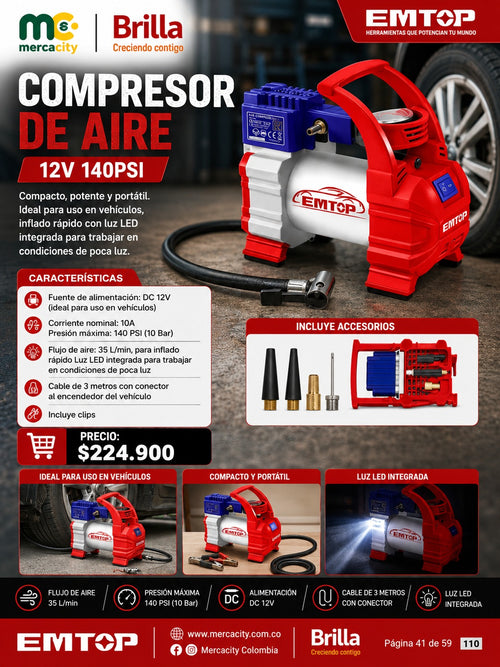 COMPRESOR DE AIRE 12V 140PSI EMTOP