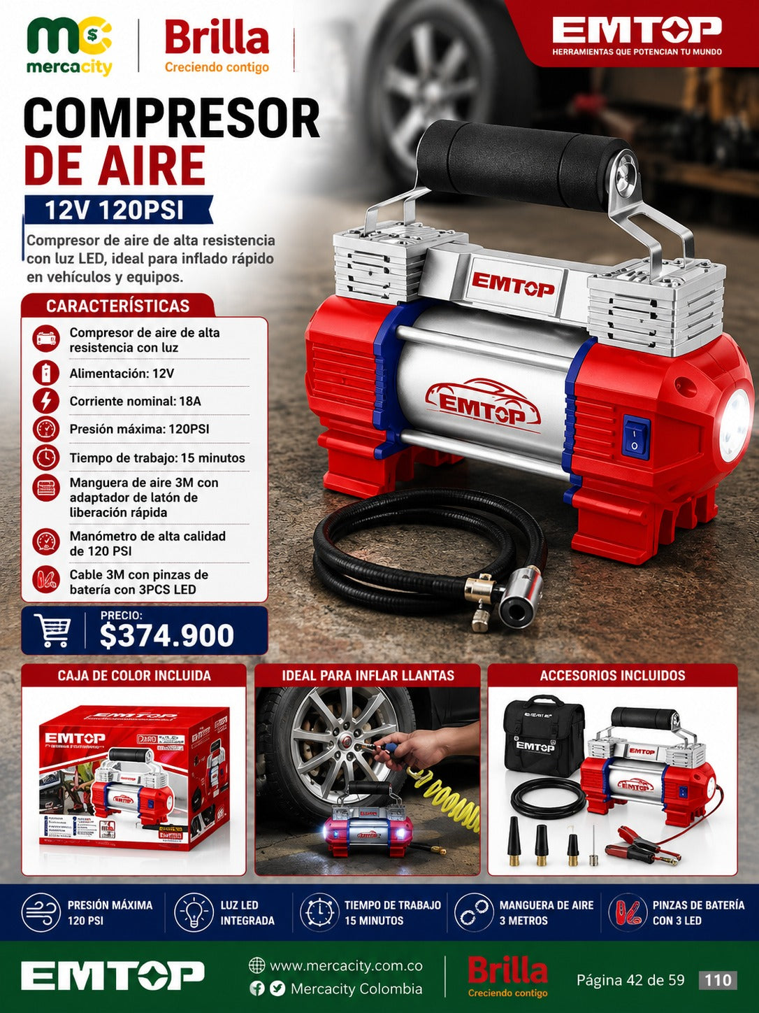 COMPRESOR DE AIRE 12V 120 PSI CON LINTERNA LUZ LED