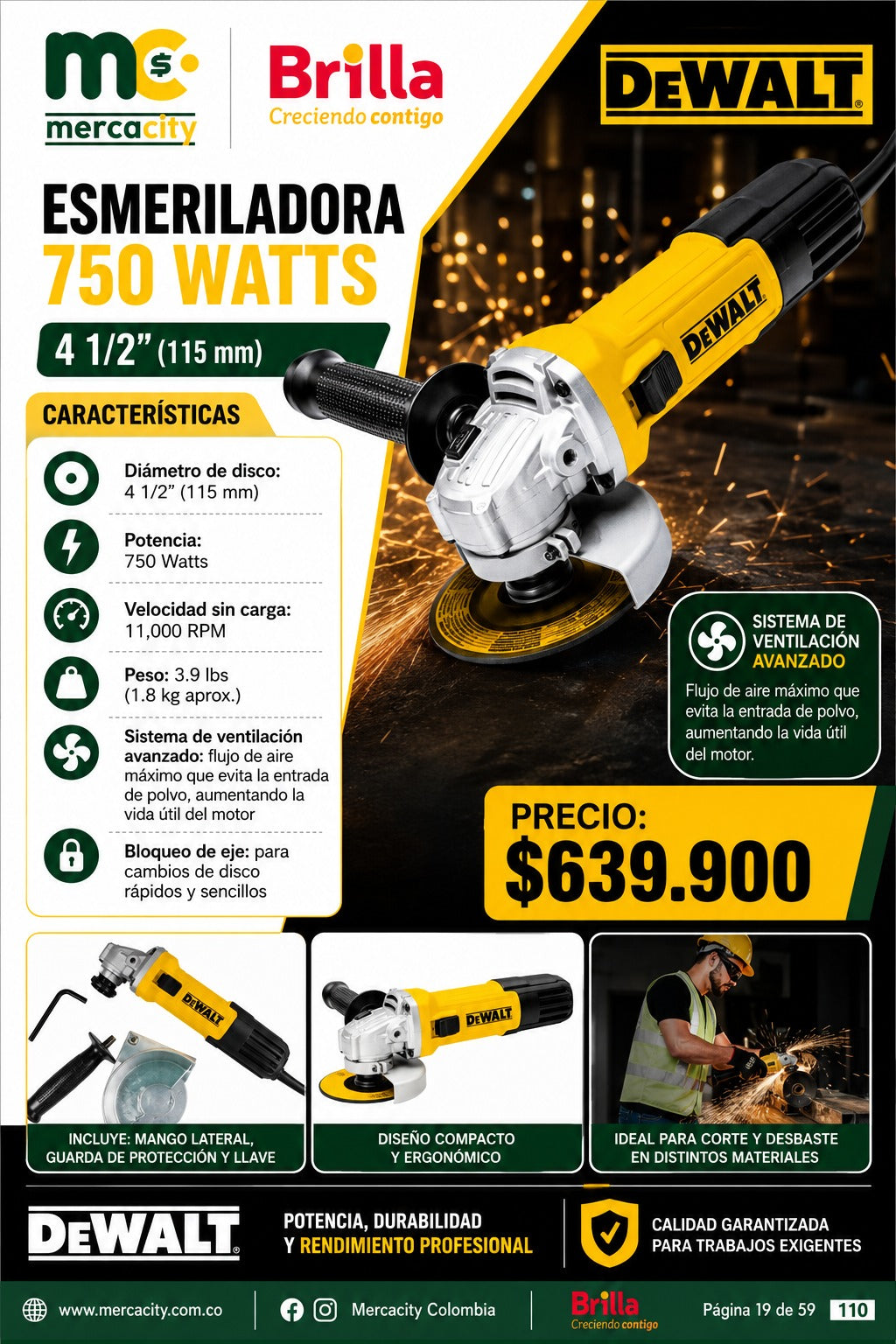 PULIDORA 750 WATTS 4 1/2"(115 mm) DeWALT