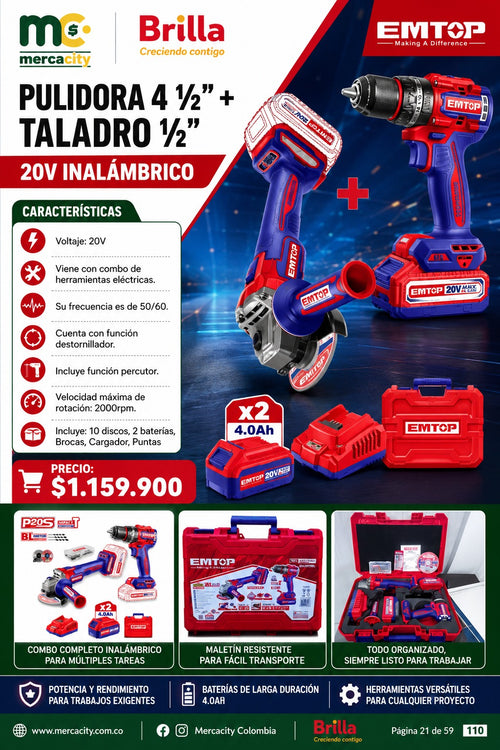 COMBO PULIDROA 4 1/2"+TALADRO 1/2" 20V INALAMBRICOS