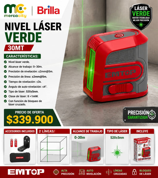 NIVEL LASER VERDE 30MT 2 LINEAS EMTOP