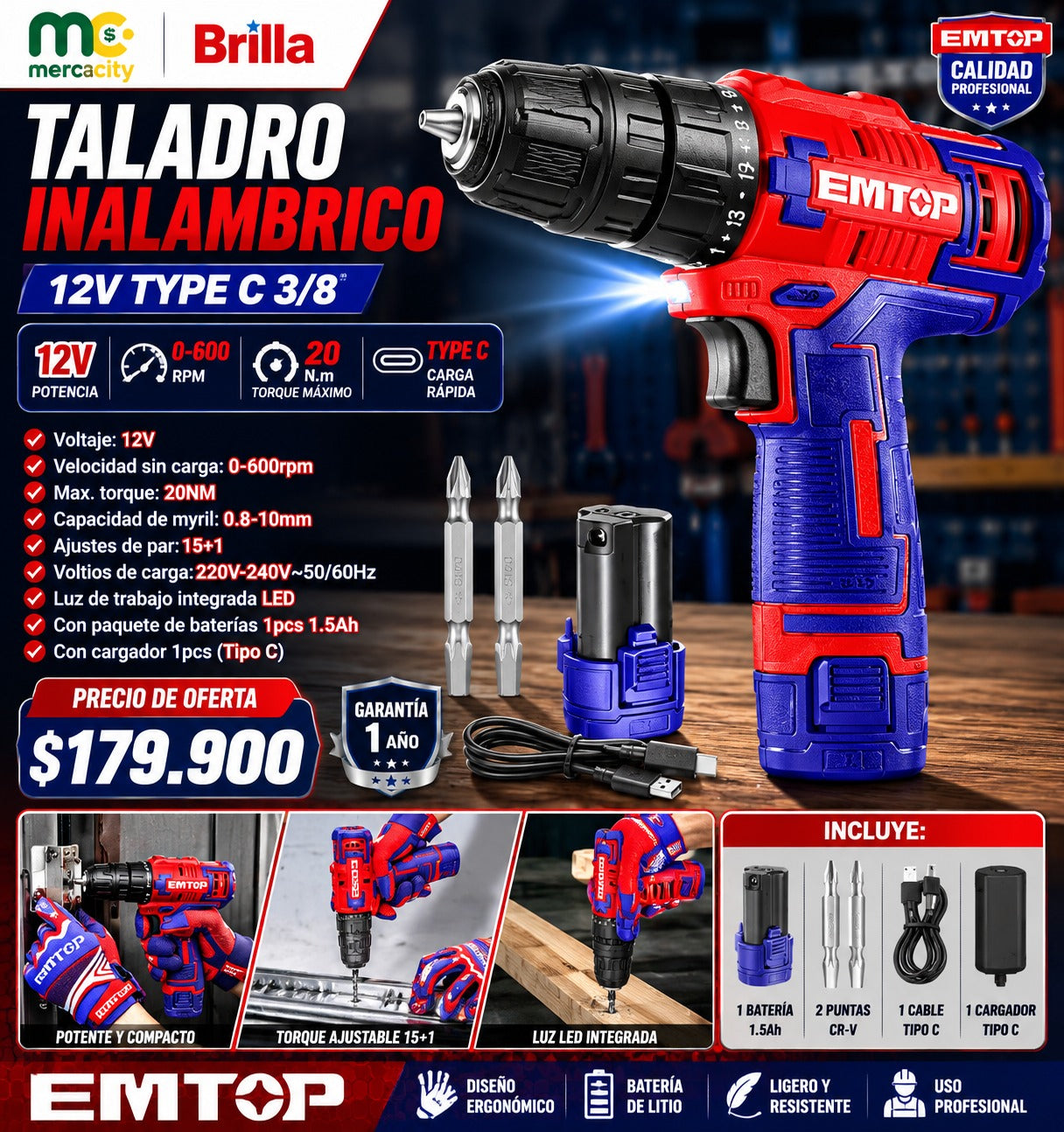 TALADRO INALAMBRICO 12V 3/8 20N*m