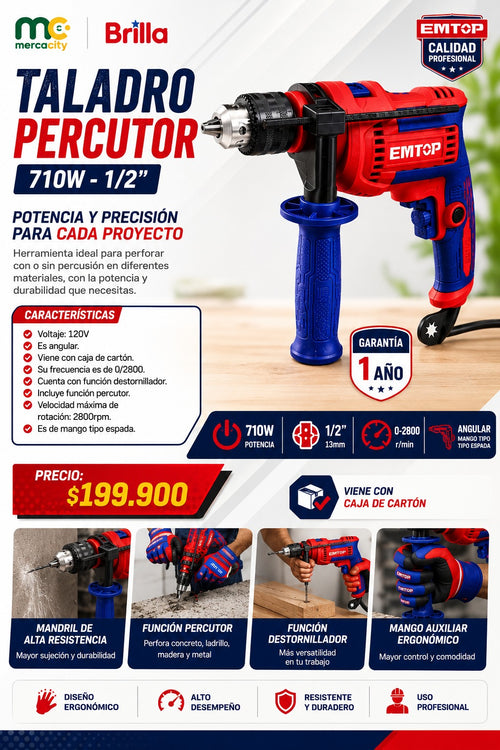 TALADRO PERCUTOR 710W 1/2" EMTOP