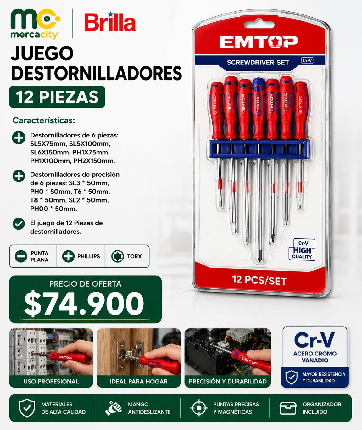 JUEGO DESTORNILLADORES 12 PIEZAS EMTOP