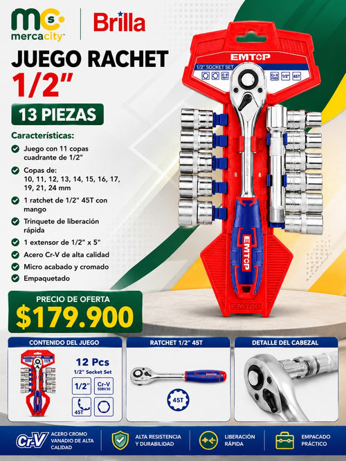 JUEGO RACHET 1/2" 13 PIEZAS EMTOP