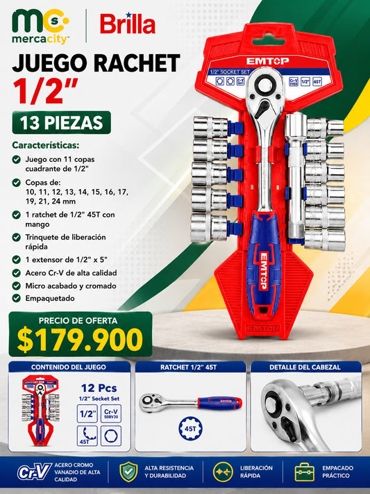 JUEGO RACHET 1/2" 13 PIEZAS EMTOP