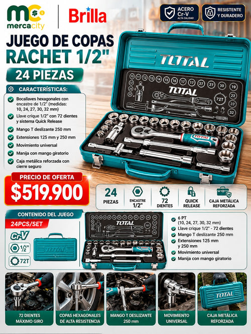 JUEGO DE COPAS RACHET 1/2" 24 PIEZAS TOTAL