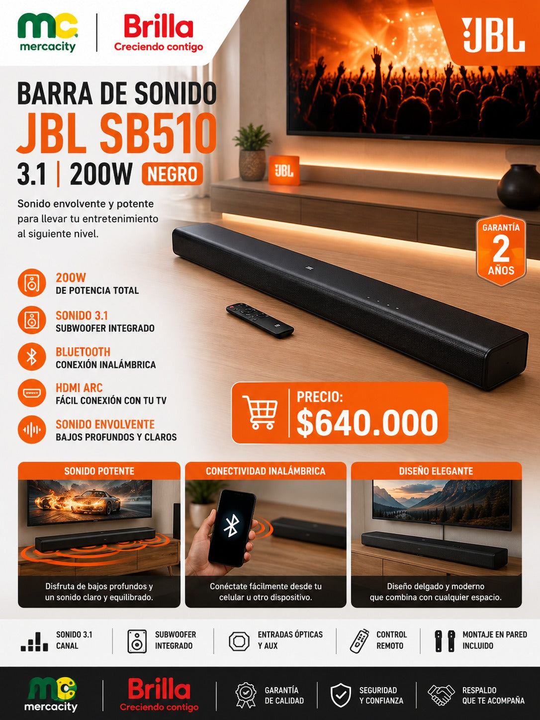 BARRA DE SONIDO JBL SB510 3.1 200W COLOR NEGRO