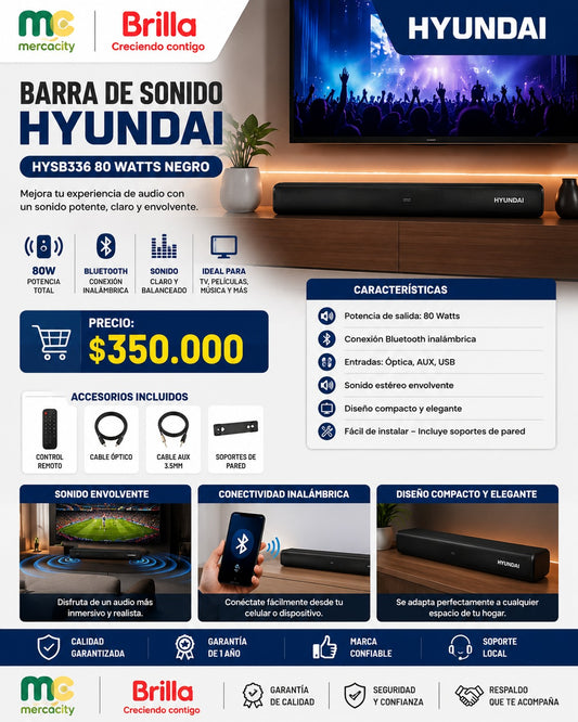BARRA DE SONIDO HYUNDAI  80 WATTS COLOR NEGRO
