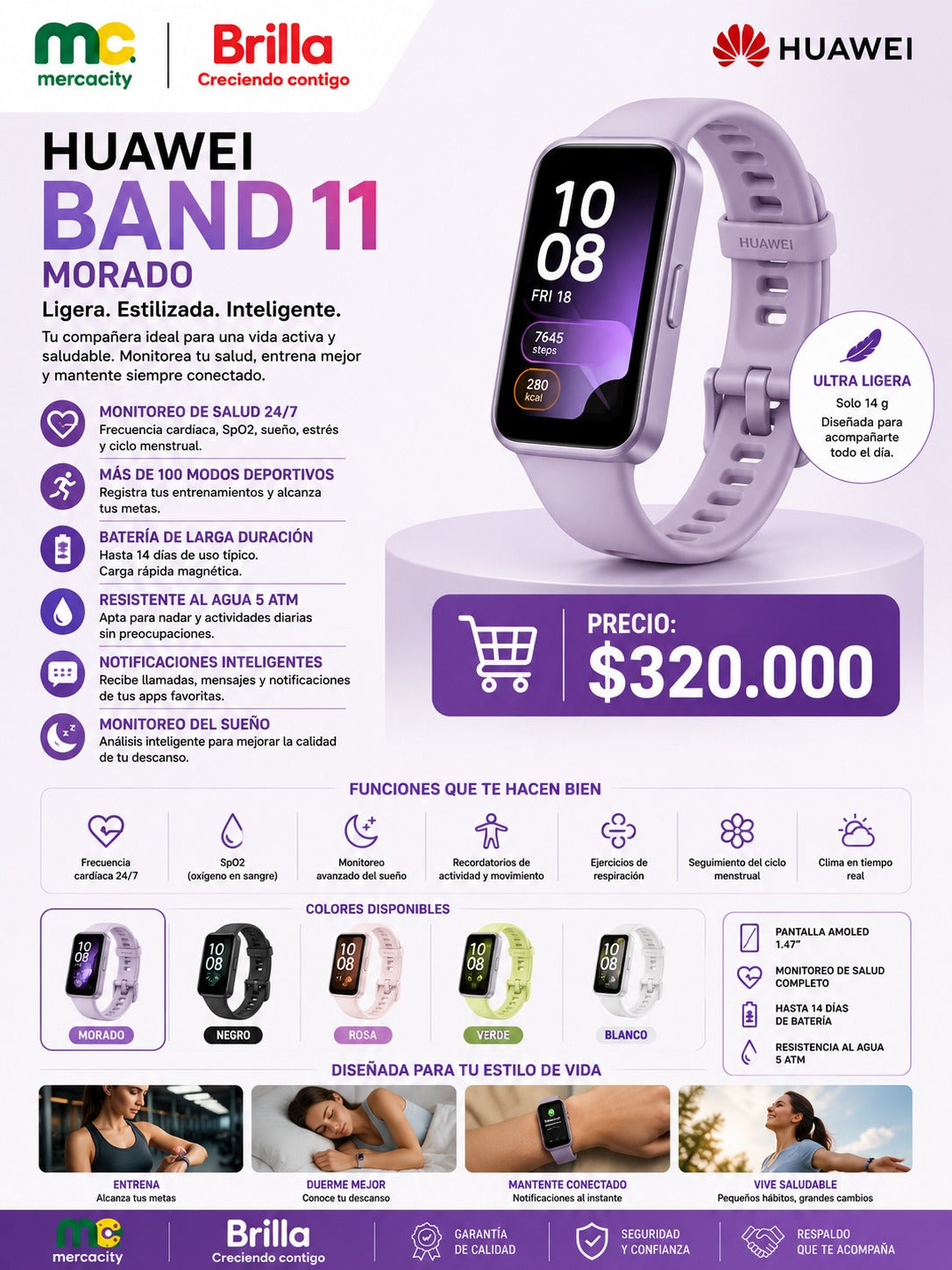 RELOJ INTELIGENTE HUAWEI BAND 11 MORADO ULTRA LIGERO