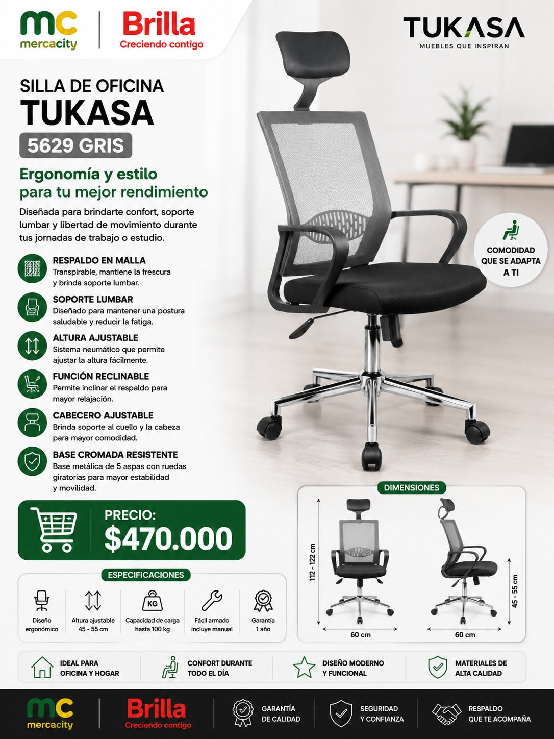 SILLA DE OFICINA TUKASA GRIS