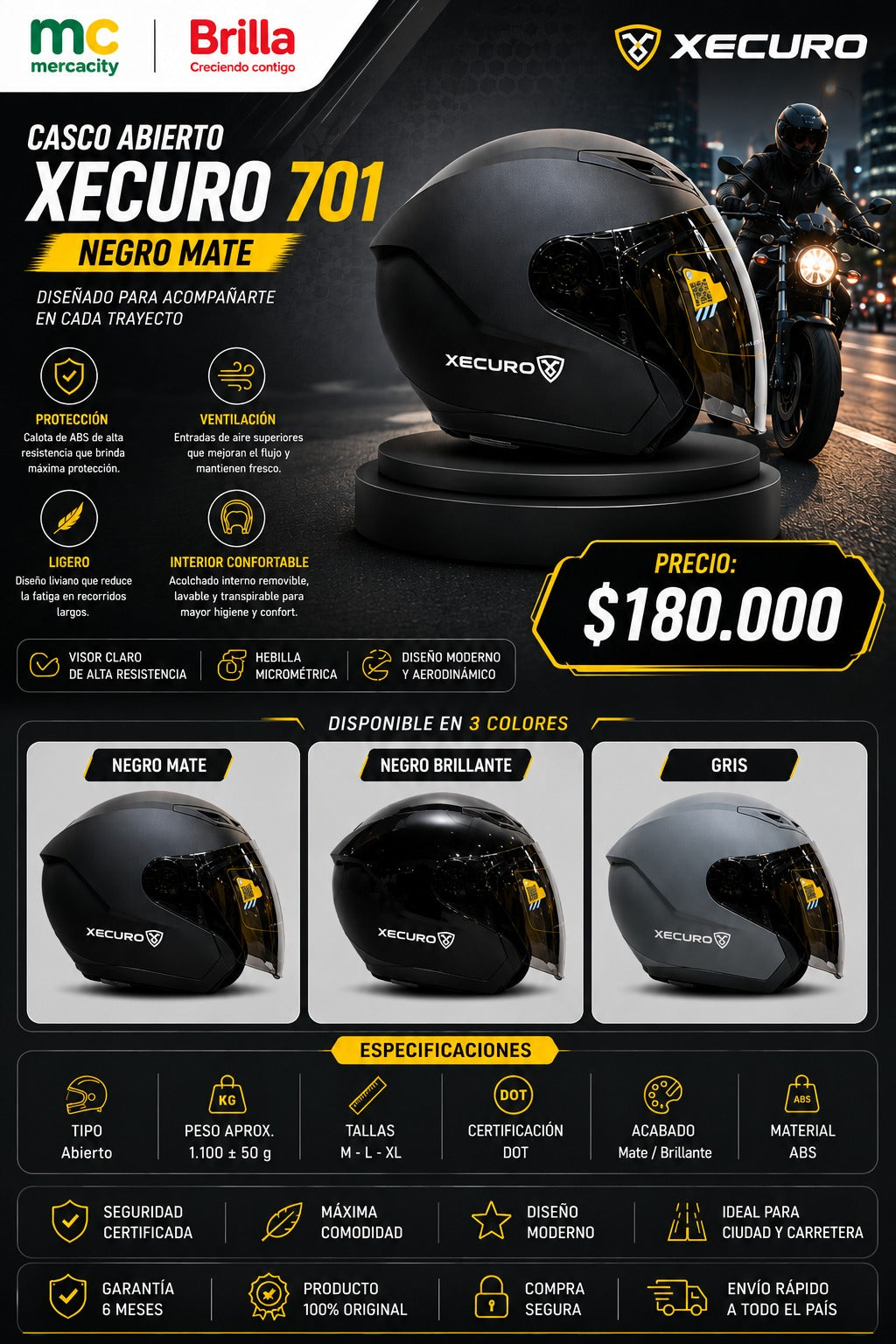 Casco Abierto XECURO 701 NEGRO MATE