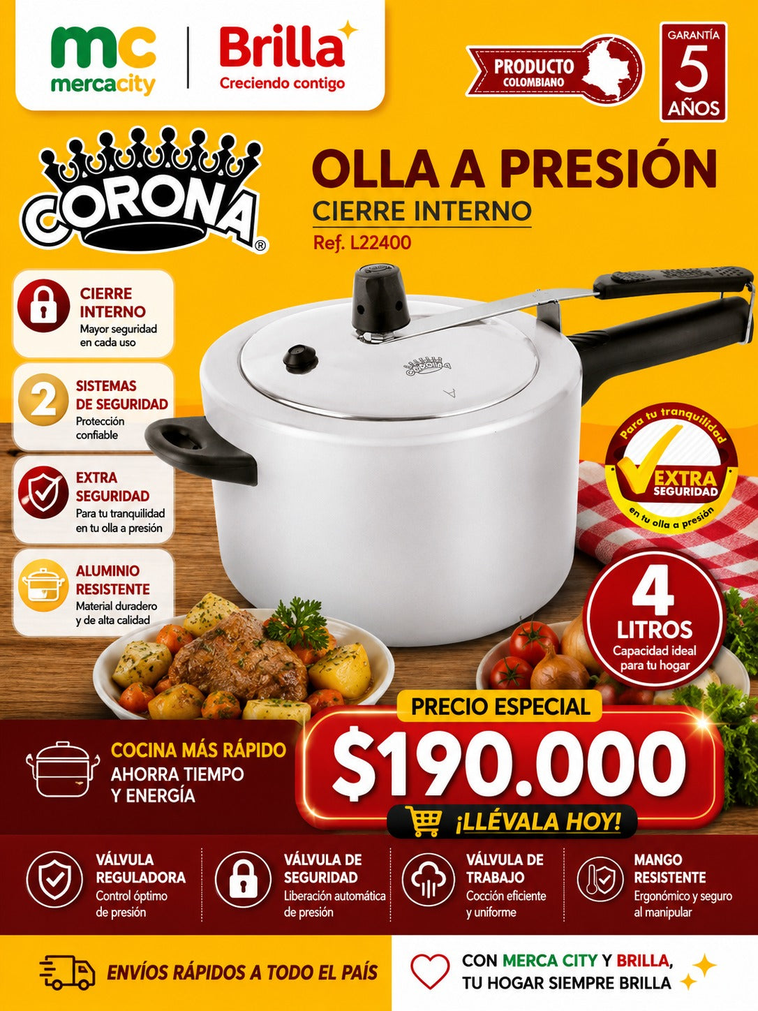 OLLA A PRESION CIERRE INTERNO 4 LITROS CORONA