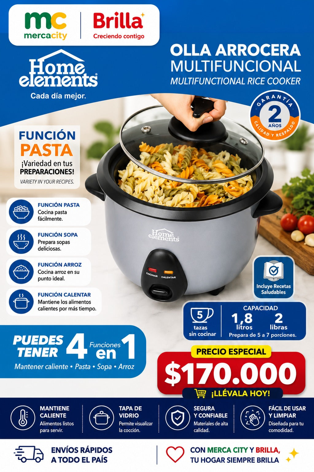 OLLA ARROCERA MULTIFUNCIONAL 1.8 LITROS 2 LIBRAS HOME ELEMENTS