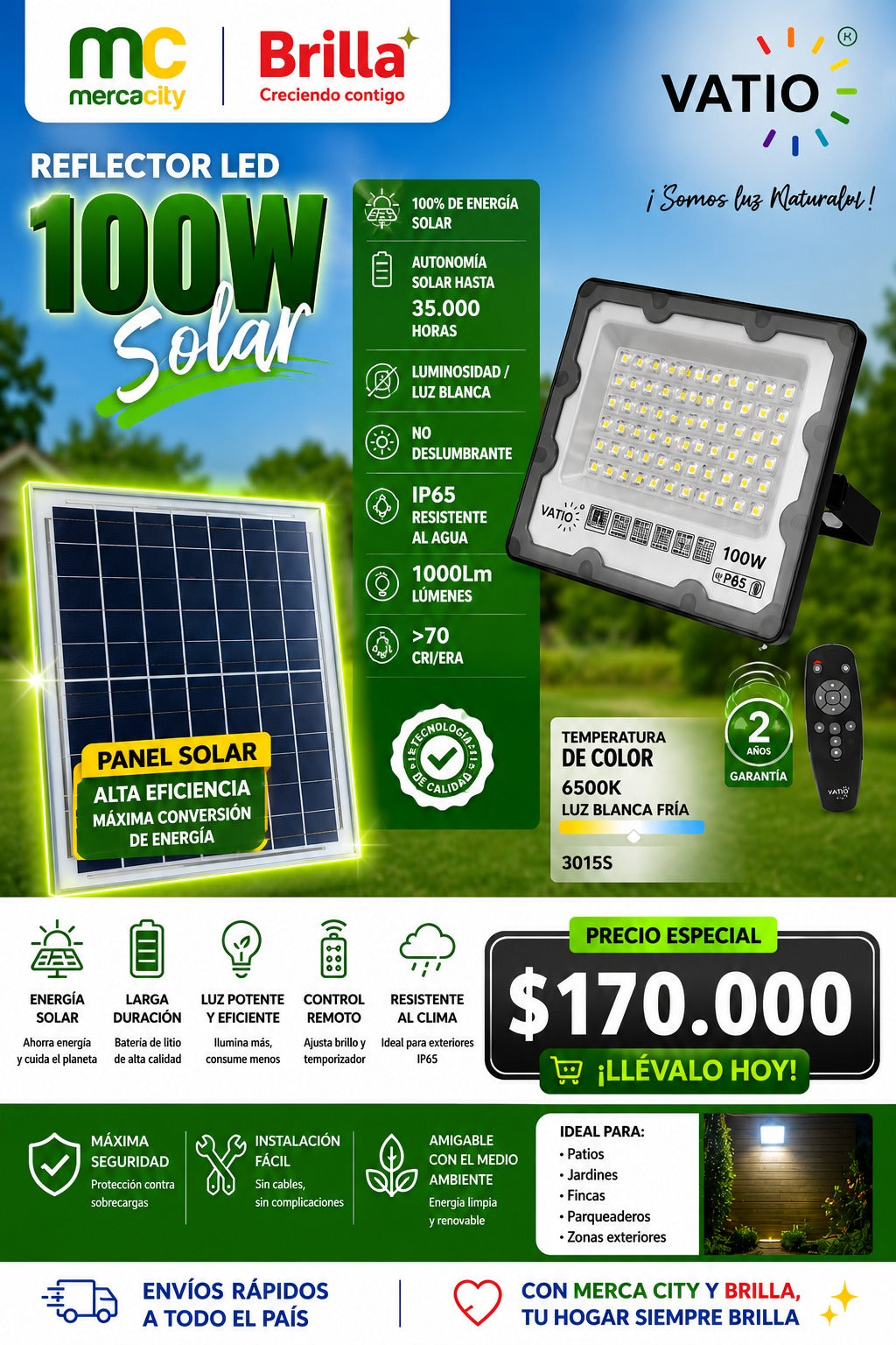 REFLECTOR LED 100W SOLAR CON CONTROL REMOTO VATIO