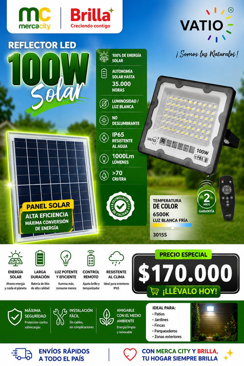 REFLECTOR LED 100W SOLAR CON CONTROL REMOTO VATIO