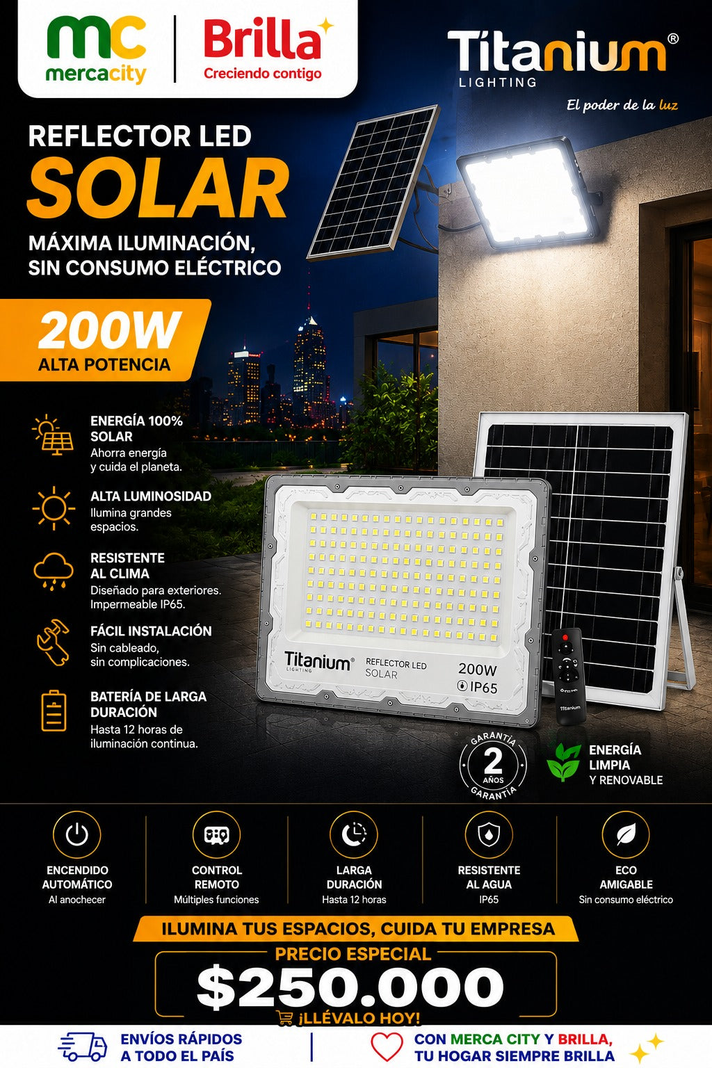 REFLECTOR LED SOLAR 200W CON CONTROL REMOTO TITANIUM