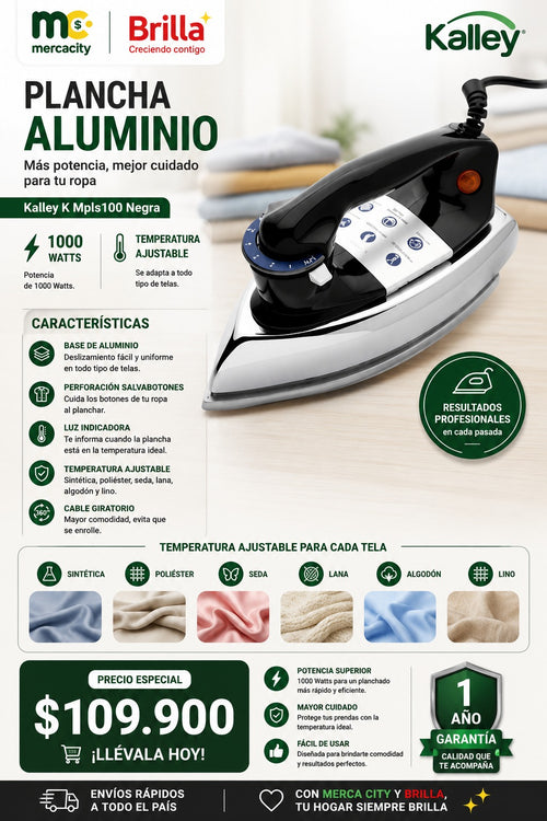 PLANCHA ALUMINIO 1000W TEMPERATURA AJUSTABLE KALLEY