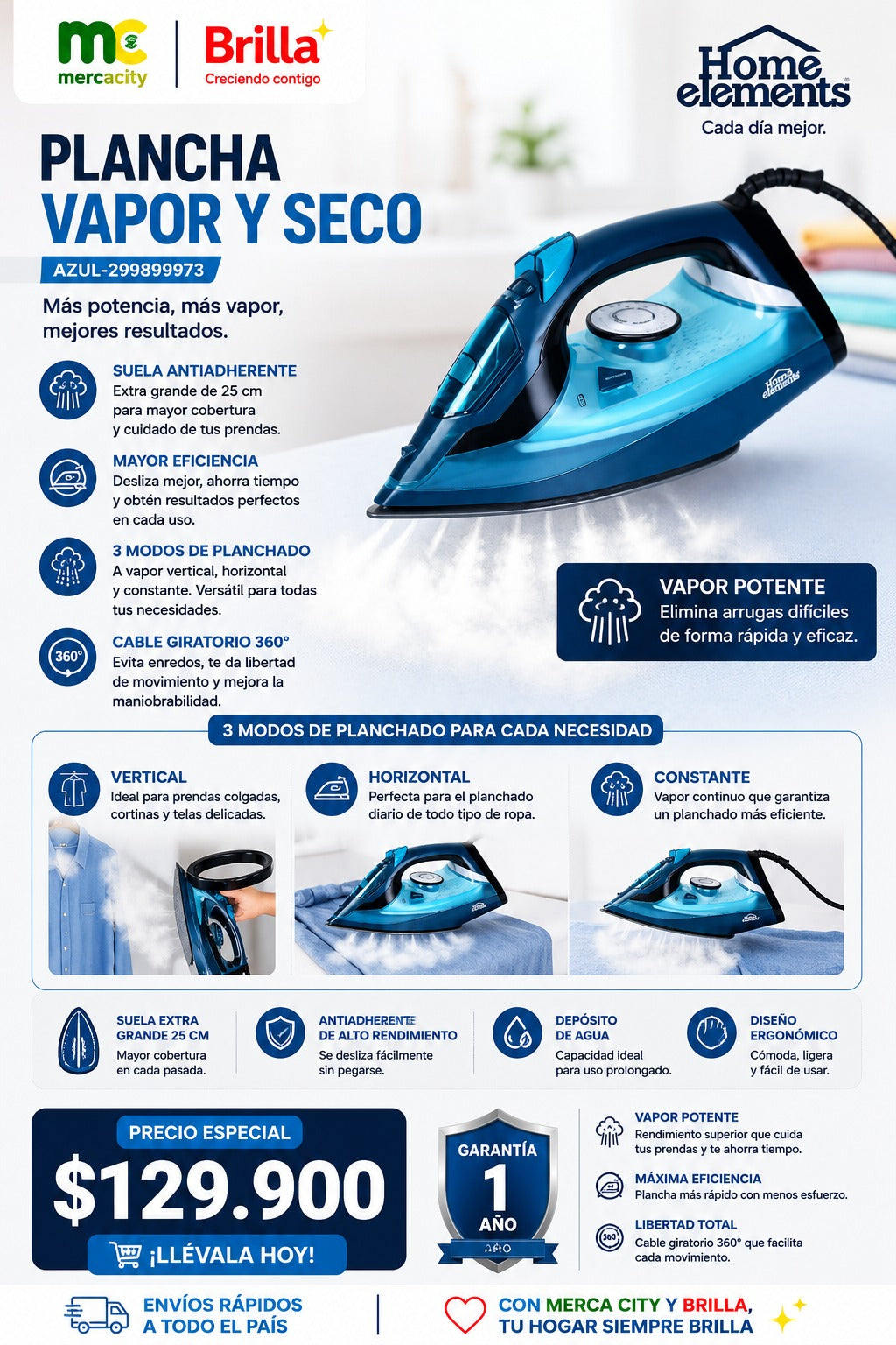 PLANCHA VAPOR Y SECO AZUL HOME ELEMENTS