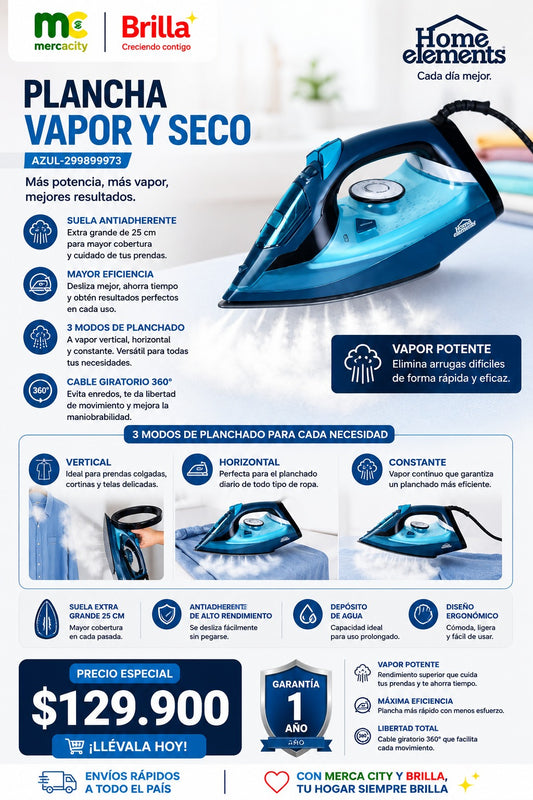 PLANCHA VAPOR Y SECO AZUL HOME ELEMENTS