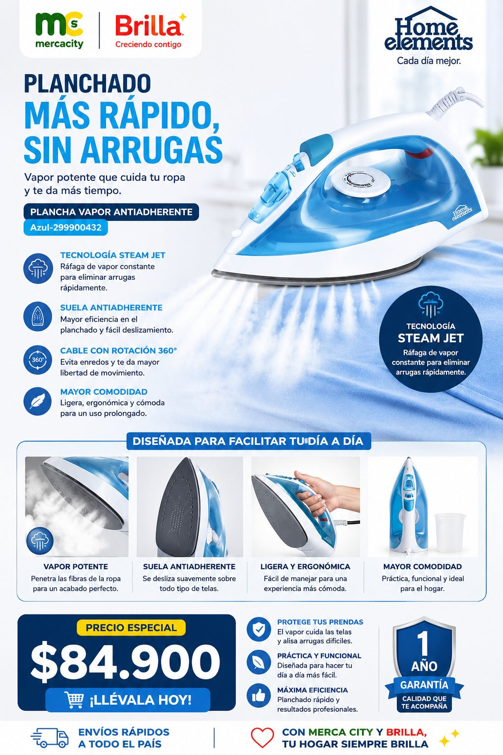 PLANCHA VAPOR ANTIADHERENTE HOME ELEMENTS STEAM JET